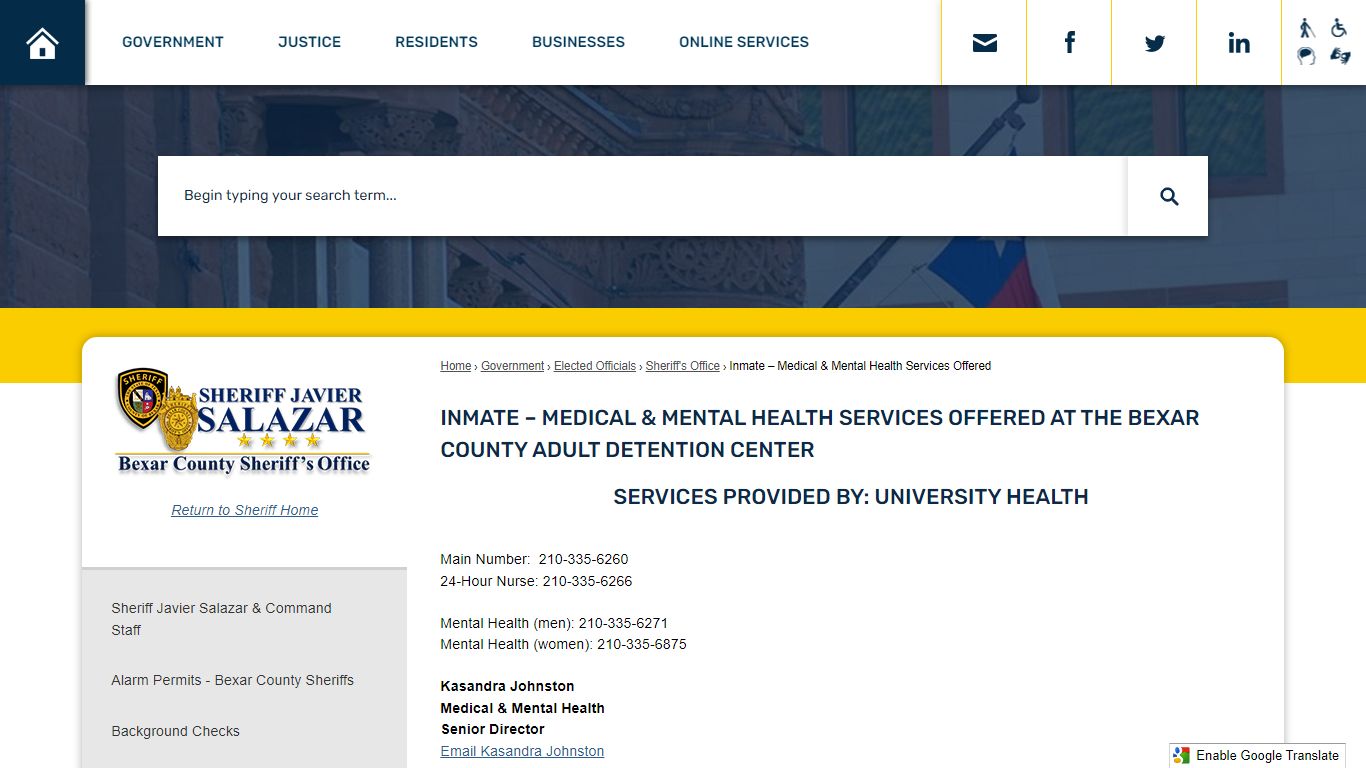 Inmate – Medical & Mental Health Services Offered ... - Bexar County, TX